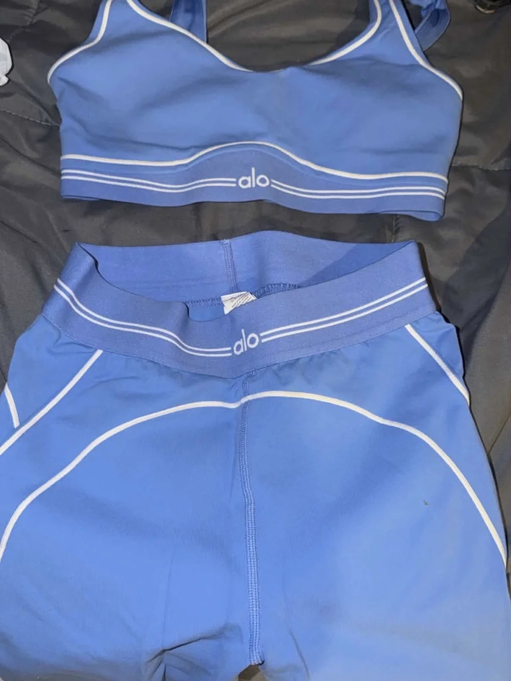 ALO Yoga Bra and Light Blue Leggings